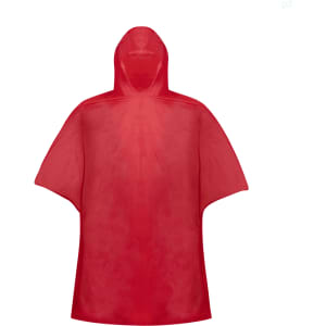 A red poncho featuring a hood, made from lightweight material, with a logo displayed on it.