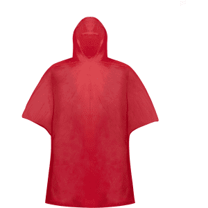 A red poncho with a hood, made from lightweight material, featuring a branding logo.
