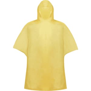A yellow poncho raincoat with a hood, featuring a loose fit and a simple design. It includes a logo.