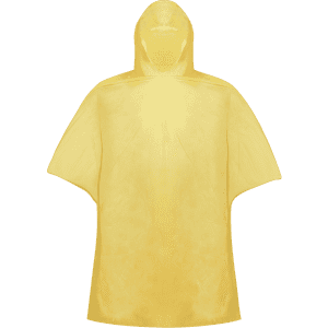 A yellow poncho with a hood, featuring a simple design and a branding logo.