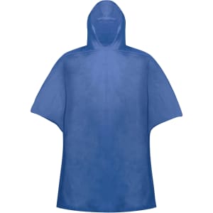 A blue poncho raincoat with a hood, featuring a simple design and a logo.
