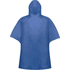 A blue poncho with a hood, featuring a logo, designed for rain protection.