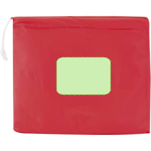 A red Montello Raincoat poncho with a small green window in the centre. The poncho has a drawstring closure.