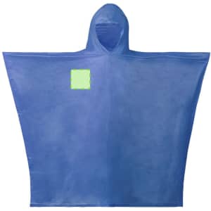 A blue poncho raincoat features a hood and a logo on the front.