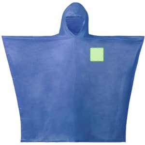 A blue poncho raincoat with a hood and an area for branding or logos.