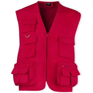A red vest featuring multiple pockets and a zip front, designed with a logo on the label.