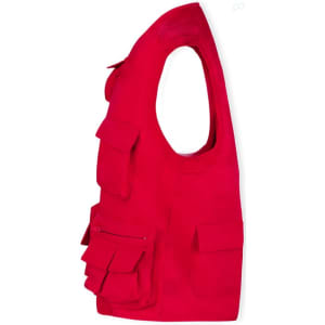 A red vest with multiple pockets and a zip, featuring an armhole design and a sleek silhouette.