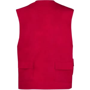 A red vest featuring a sleeveless design with two front pockets. The back is smooth and plain, with a logo visible.