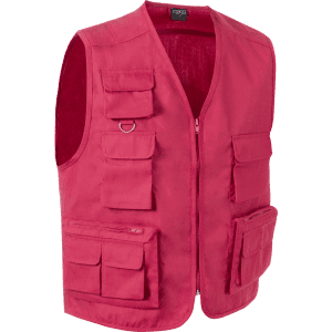 A red vest featuring multiple pockets and a zip closure, with a brand logo on the inside.