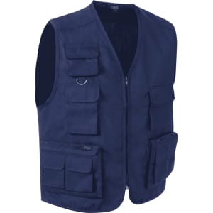A navy blue vest featuring multiple pockets and a front zip, with a logo present on the fabric.