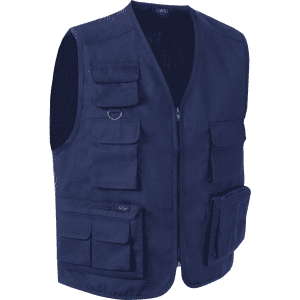 A navy blue vest with multiple pockets and a front zip, featuring a logo on the chest area.