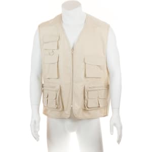 A beige vest with multiple pockets, displayed on a mannequin against a neutral background.