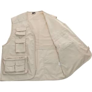 A beige vest featuring multiple pockets and an interior lining, with a logo on the label.