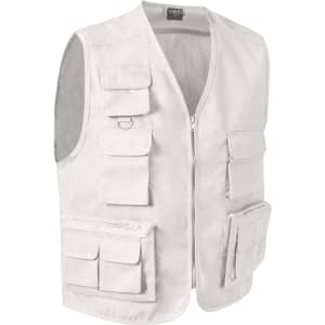 A light-coloured vest featuring multiple pockets and a zip closure, designed for utility.