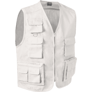 A white vest with multiple pockets and a zip closure, featuring a mesh lining and branding.
