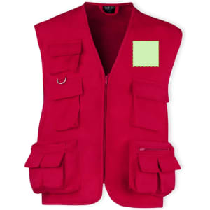 A bright red vest featuring multiple pockets and a logo, designed for casual wear.