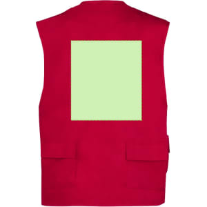 A red vest featuring a large blank green square and pockets. Includes a logo on the front.