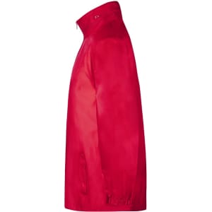 A bright red rain jacket displayed from the side, featuring a zip closure and pockets, with branding.