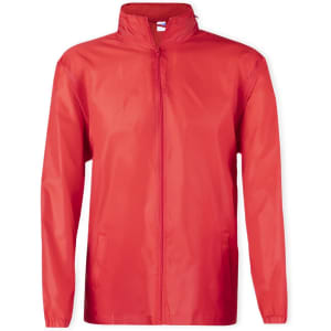 A bright red rain jacket featuring a zip front, long sleeves, and two side pockets. It has a logo on the front.