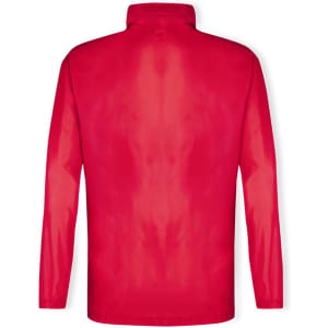 A red rain jacket with long sleeves and a high collar, featuring a simple design and a logo.