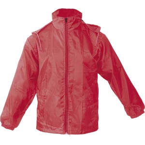 A red rain jacket with a zip front, hood, and elasticised cuffs. It features a logo on one side.
