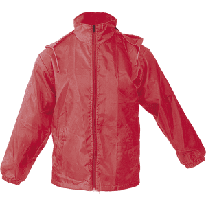 A red rain jacket featuring a hood and elastic cuffs, with a front zip and loose fit. It has a logo.