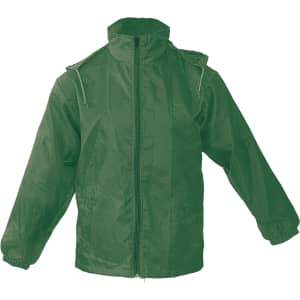 A green rain jacket with a zip front and adjustable hood. It features elastic cuffs and has a logo.