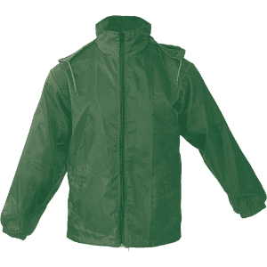 A green rain jacket with a zip front and adjustable hood, featuring elastic cuffs and a logo.