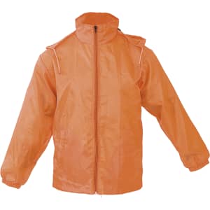 An orange Grid Raincoat featuring a front zip, hood, and elastic cuffs, designed for wet weather protection.