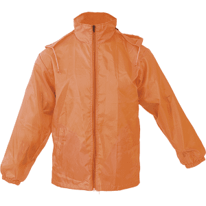An orange rain jacket featuring a hood, zip closure, and elastic cuffs. It has a logo on the front.