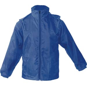 A blue rain jacket with a hood, featuring elastic cuffs and a full front zip, displaying a logo.
