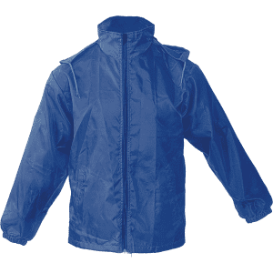A blue rain jacket featuring a hood, zipper, and elastic cuffs, with a logo on the front.