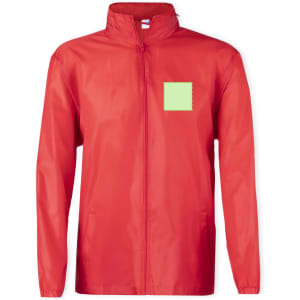 A red rain jacket with a zip front and a square embellishment on the chest. It features a standing collar and long sleeves.