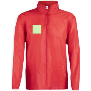 A red rain jacket featuring a zip front and a patch area for branding. Includes a standing collar and adjustable cuffs.