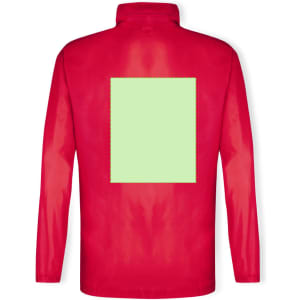 A red rain jacket featuring a large green square on the back, designed with a collar and long sleeves.