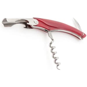A red corkscrew with a metal lever and spiral screw, featuring a bottle opener and a foil cutter. It has a logo.