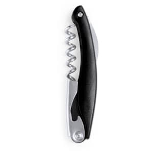 A black corkscrew with a spiral metal worm and a silver lever, featuring a simple design and a logo.