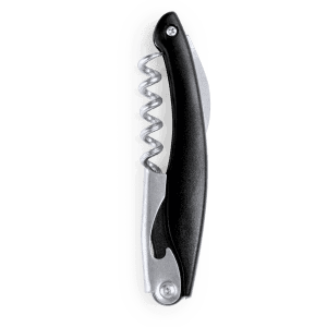 A corkscrew with a black handle and a metallic body, featuring a spiral opener and a branding logo.