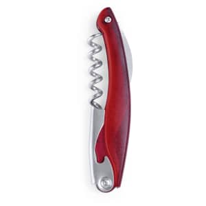 A red corkscrew with a metal spiral and a foldable handle, featuring a branding logo.