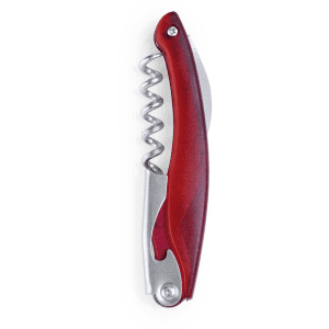 A red corkscrew with a silver finish, featuring a spiral metal tip and a lever mechanism for opening bottles.