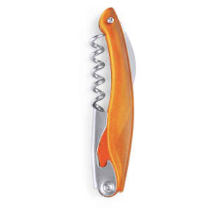 An orange corkscrew with a metal spiral and a silver blade, featuring a logo on the handle.