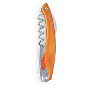 An orange corkscrew with a silver handle and a spiral helix. It features a logo on the handle.