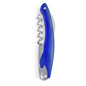 A blue corkscrew with a spiral opener and a silver foil cutter, featuring a compact design and a logo.