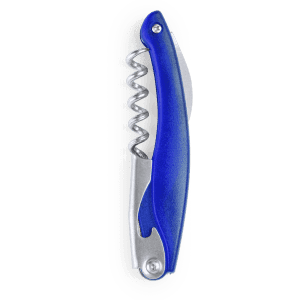 A blue corkscrew with a metal spiral and a silver handle, featuring a branding logo.