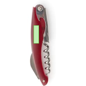 A red corkscrew with a metal spiral and a bottle opener, featuring a logo on the handle.