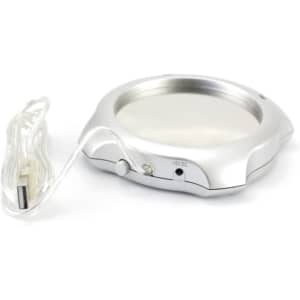 A silver mug cup warmer with a power cable and a control switch for temperature settings.