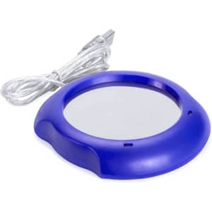 A mug warmer in blue with a circular heating surface and a USB power cable.