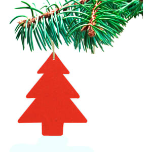 A red Christmas tree decoration hanging from a green pine branch. The background is white, highlighting the ornament.
