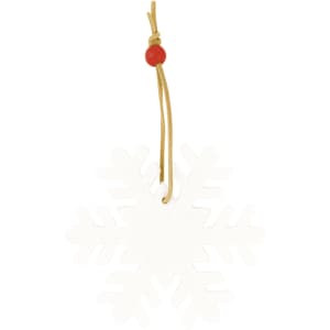 A white snowflake decoration with a red bead and a brown string for hanging.