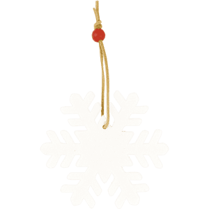 A white snowflake ornament with a red bead and tan string for hanging. Perfect for festive decoration.